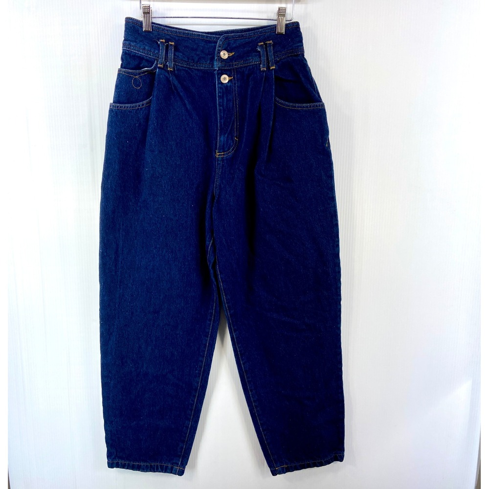 Zara Dark Blue Wash Denim High Rise‎ Pleated Taper Leg Jeans Womens 8